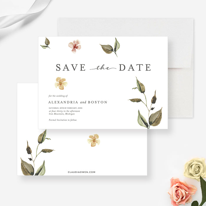 Floral Wedding Save the Date Cards, Spring Birthday Save the Date with Vintage Watercolor Leaf Illustrations, Garden Party Save the Dates, Greenery Save Our Date Cards