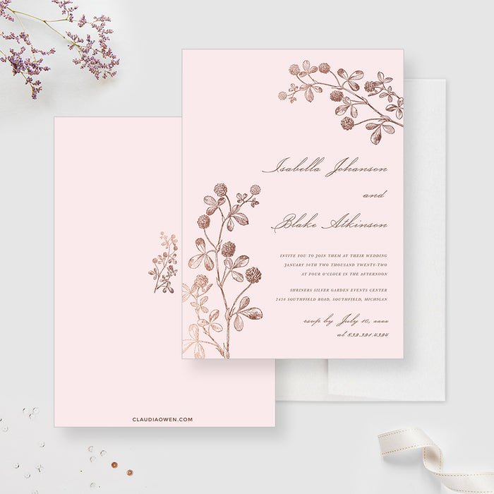 Pink Floral Wedding Invitation, Classic Vintage Wedding Anniversary Party Invite, Garden Engagement Party Invites, Custom Bridal Shower Invite Card with Flowers and Leaves