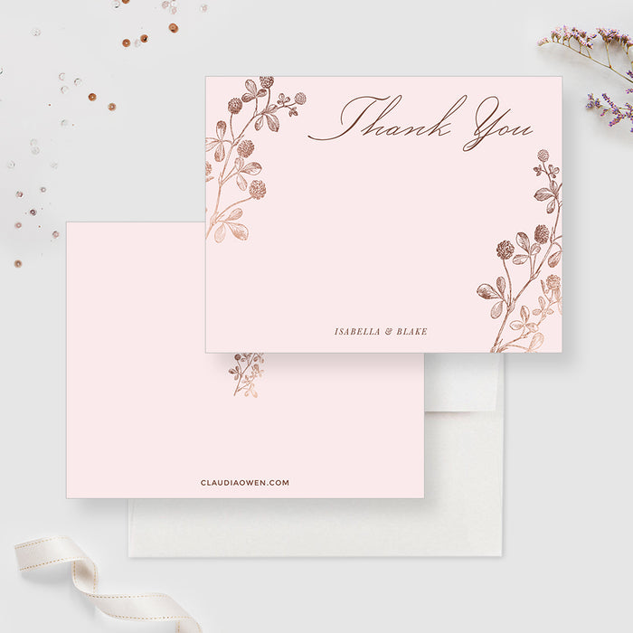 Vintage Pink Wedding Thank You Card, Spring Flowers Bridal Shower Thank You Notes, Personalized Floral Garden Anniversary Party Thank You Note Cards