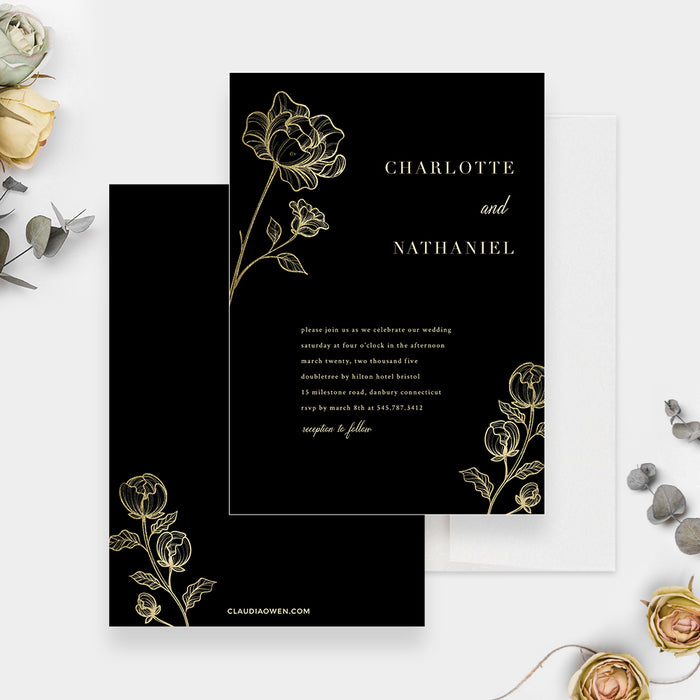 Elegant Black and Gold Floral Wedding Invitation, Classic Anniversary Party Invite, Golden Floral Engagement Party Invites, Custom Bridal Shower Card with Gold Flowers