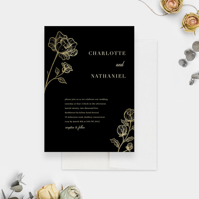 Elegant Black and Gold Floral Wedding Invitation, Classic Anniversary Party Invite, Golden Floral Engagement Party Invites, Custom Bridal Shower Card with Gold Flowers