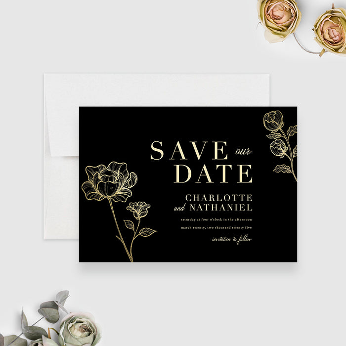 Black and Gold Floral Wedding Save the Date Cards, Elegant Birthday Save the Dates, Golden Floral Spring Save the Date, Custom Save Our Date Cards with Gold Flowers