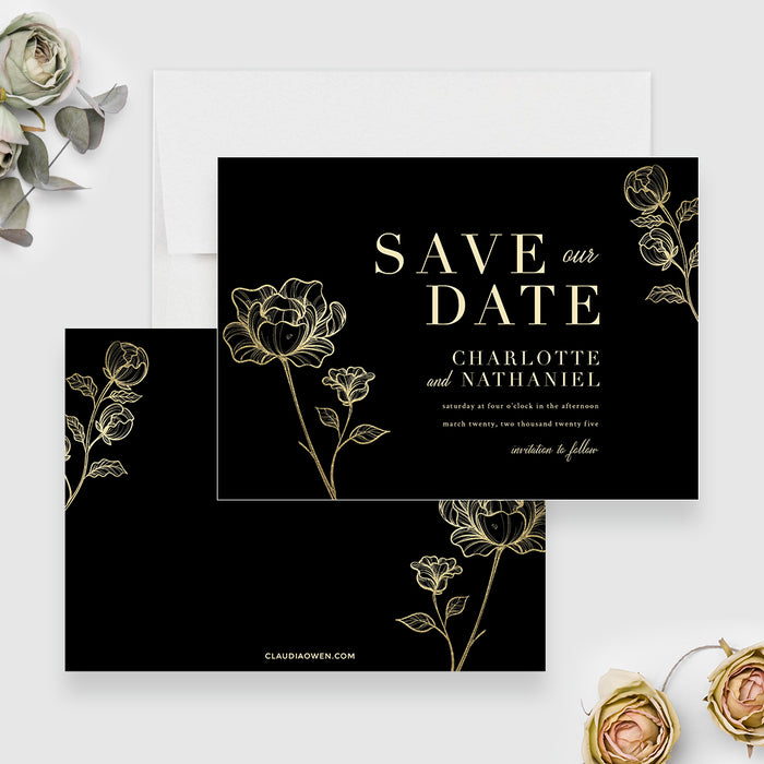 Black and Gold Floral Wedding Save the Date Cards, Elegant Birthday Save the Dates, Golden Floral Spring Save the Date, Custom Save Our Date Cards with Gold Flowers