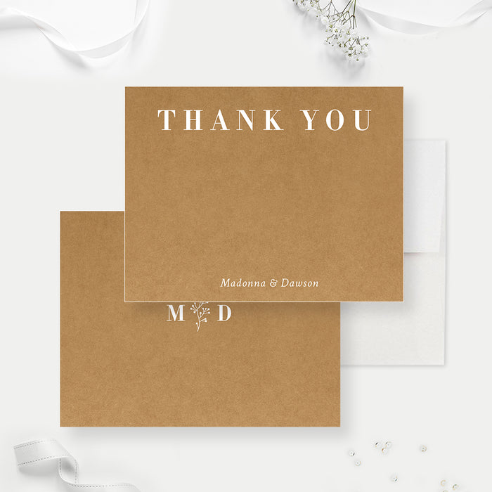 Minimalist Brown Wedding Thank You Cards, Chic Rustic Boho Thank You Notes with Foliage, Personalized Kraft Brown Anniversary Party Thank You Note Cards