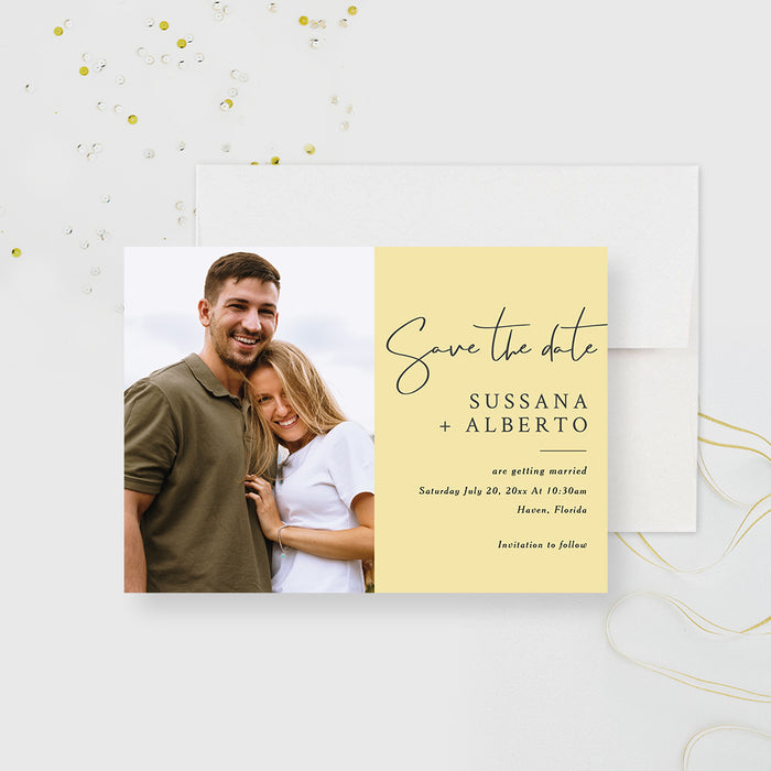 Minimalist Wedding Save the Date with Photo, Birthday Photo Save the Date Card, Simple Typography Save the Dates, Custom Vintage Yellow Save Our Date Cards