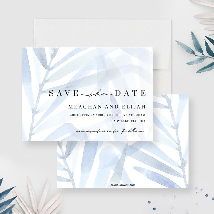Elegant Foliage Wedding Save the Date, Watercolor Blue Leaves Birthday Save the Date Card, Greenery Save the Dates, Personalized Modern Save Our Date Cards