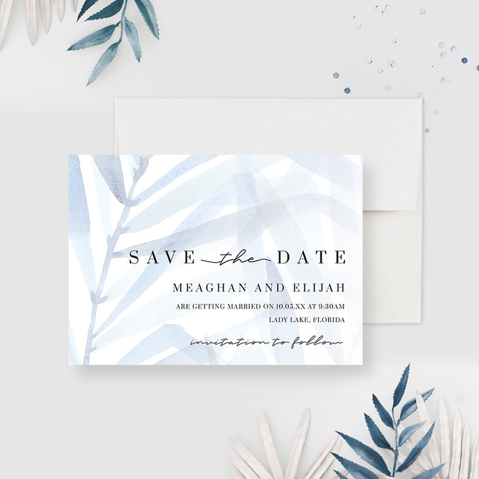 Elegant Foliage Wedding Save the Date, Watercolor Blue Leaves Birthday Save the Date Card, Greenery Save the Dates, Personalized Modern Save Our Date Cards