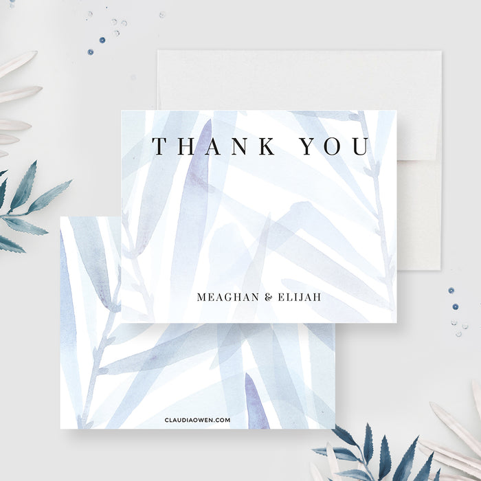 Watercolor Foliage Wedding Thank You Cards, Elegant and Modern Thank You Notes, Greenery Anniversary Party Thank You Note, Dusty Blue Leaves
