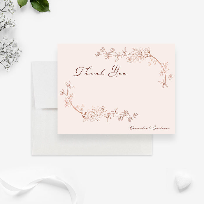 Pink Floral Wedding Thank You Card, Spring Garden Anniversary Party Thank You Notes, Personalized Vintage Classic Bridal Shower Thank You Note Cards with Flowers