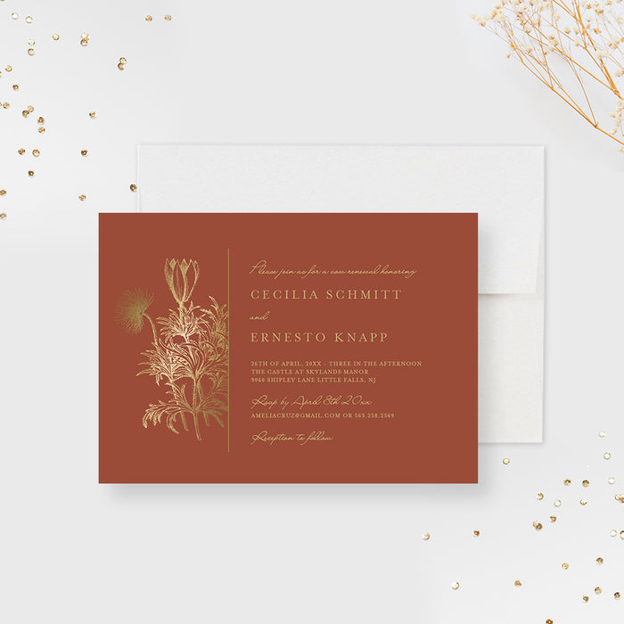 Elegant Rustic Fall Wedding Invitation, Gold Floral Anniversary Party, Vintage Burnt Orange Engagement Party Invites, Custom Greenery Rehearsal Dinner Cards