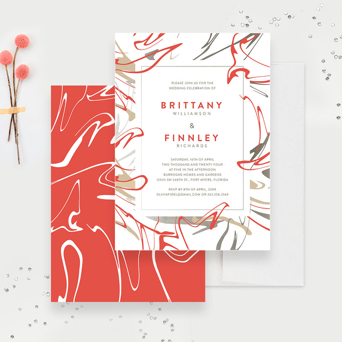 Unique Artistic Wedding Invitation, Abstract Art Anniversary Party, Modern Art Engagement Party Invites, Custom Wavy Line Art Rehearsal Dinner Cards