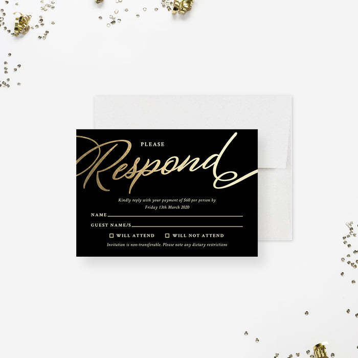 Elegant Gala RSVP Card, Black and Gold RSVP Anniversary Party Cards, Classy Annual Business Dinner RSVP, Modern RSVP for Company Event, Please Respond
