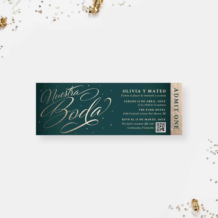 Nuestra Boda Wedding Ticket Invitation, Elegant Modern Anniversary Party Ticket Invite, Teal Green Birthday Party Ticket, Admit One Dark Green Event Tickets