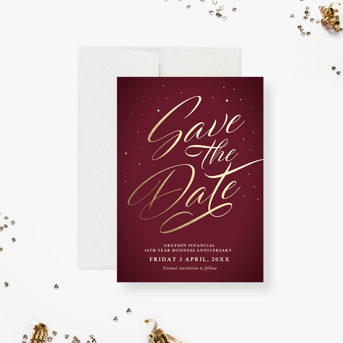 Gold and Burgundy Business Anniversary Save the Date Cards, Elegant Maroon Corporate Event Save the Dates, Company Party Save the Date Cards, Red Wine