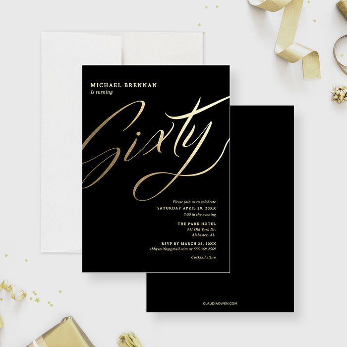 60th Birthday Party Invitation Card in Black and Gold