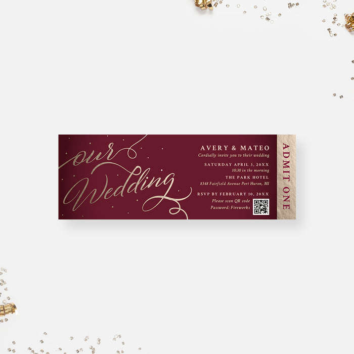 Our Wedding Wedding Ticket Invitation, Red Wine Anniversary Party Ticket Invite, Elegant and Chic Birthday Party Ticket, Admit One Modern Event Tickets