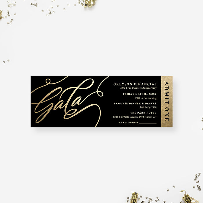 Black and Gold Annual Gala Ticket Invitation, Elegant Anniversary Party Ticket Invite, Modern Corporate Party Ticket, Admit One Classy Business Event Tickets