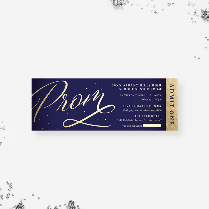 Navy Blue and Gold Prom Ticket Invitation, Elegant Senior Prom Ticket Invite, Elegant Graduation Party Ticket, Admit One Modern Classy Ticket
