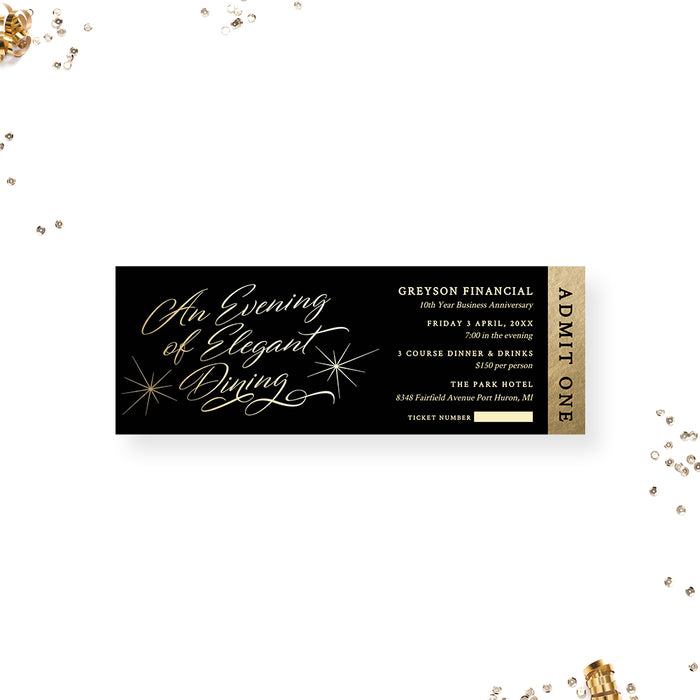Elegant Dining Ticket Invitation, Black and Gold Evening Party Ticket Invite, Classy Dinner Ticket Invites, Admit One Business Admission Tickets