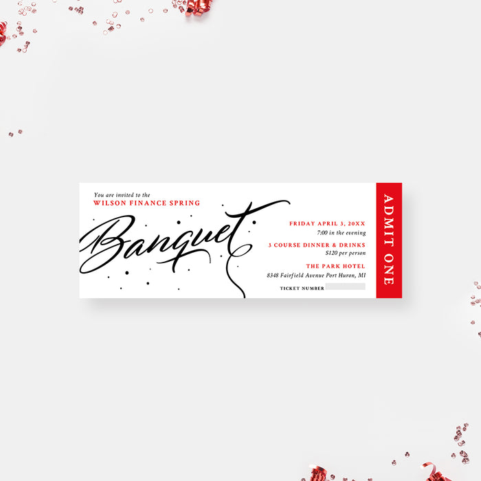 Banquet Ticket Invitation, Classic White Business Dinner Party Ticket Invite, Modern Minimalist Gala Ticket, Admit One Simple Company Event Tickets