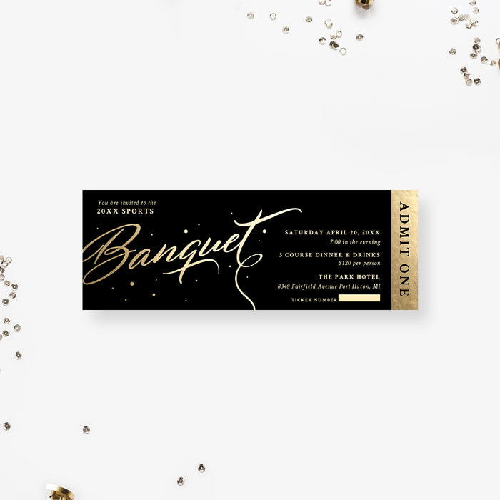 Elegant Banquet Ticket Invitation, Black and Gold Dinner Party Ticket Invite, Modern Anniversary Party Ticket, Admit One Classy Gala Event Tickets, Company Event