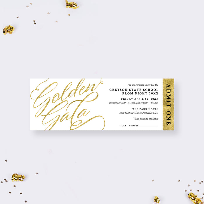 Golden Gala Prom Ticket Template, Elegant Formal Ticket in White and Gold, Business Event Ticket Digital Download, Prom Party Admit One Ticket, Modern Classy Printable Tickets