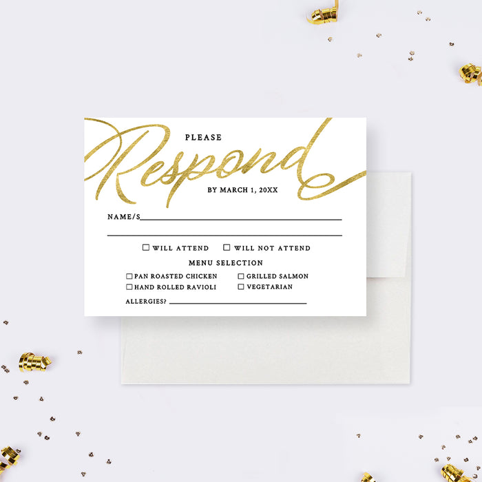Golden Rsvp Card Template, Elegant Gala Rsvp Card with Menu Selection, White and Gold Formal Response Card, Business Printable Rsvp Cards, Gala RSVP Printable Cards