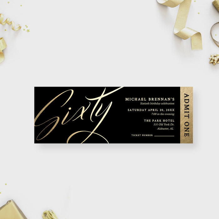 Black and Gold 60th Birthday Party Ticket Invitation Card