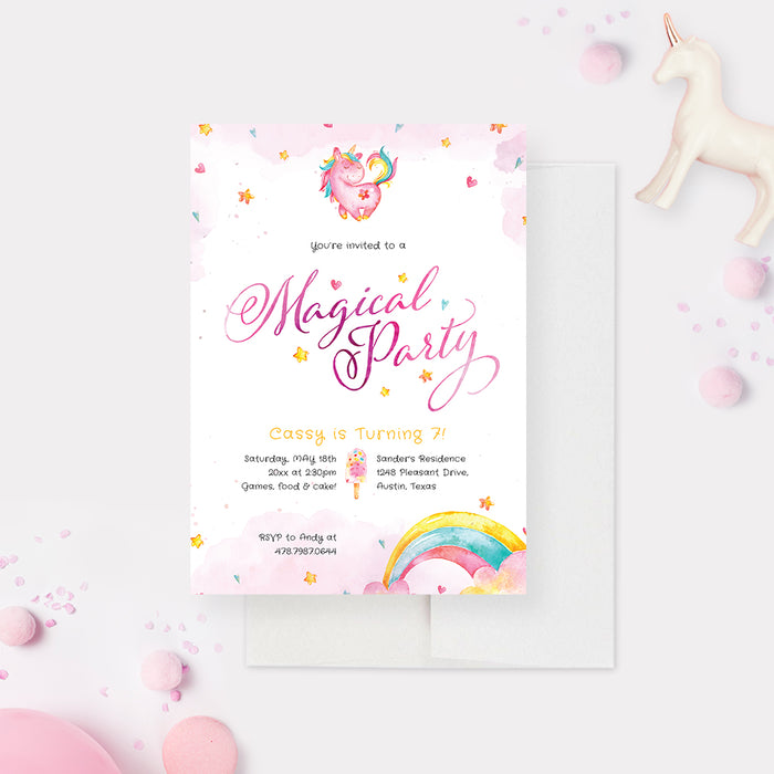 Rainbow Unicorn Birthday Invitation, Magical Kids Birthday Party Invitations for Girls, 1st 2nd 3rd 4th 5th 6th 7th Birthday Invites, Custom Colorful Toddler Birthday Invite Cards