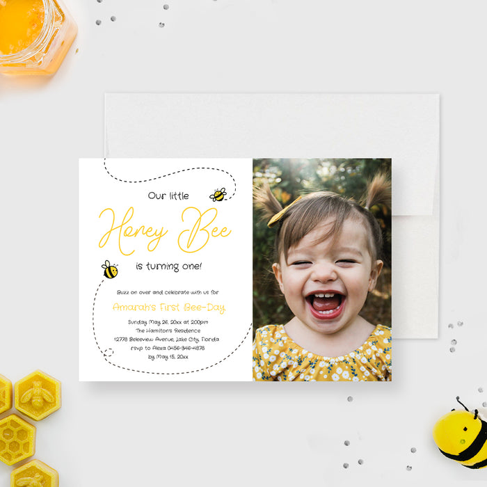 Bee Birthday Invitation Template with Photo, Bumble Bee Birthday Party Invites, Honey Bee 1st Birthday Instant Digital Download