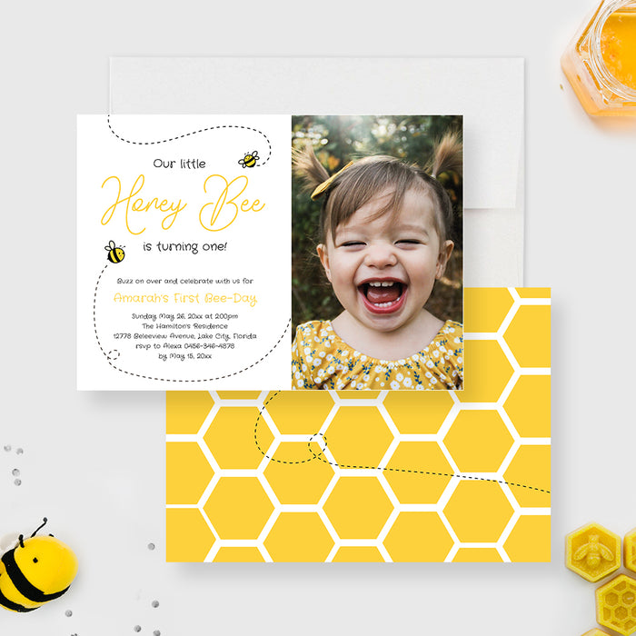 Honey Bee Birthday Party Invitation, 1st Bee Day Invitations for Girls and Boys, Cute 2nd 3rd 4th 5th Kids Birthday Party Invites, Bumble Bee First Birthday Invite Cards
