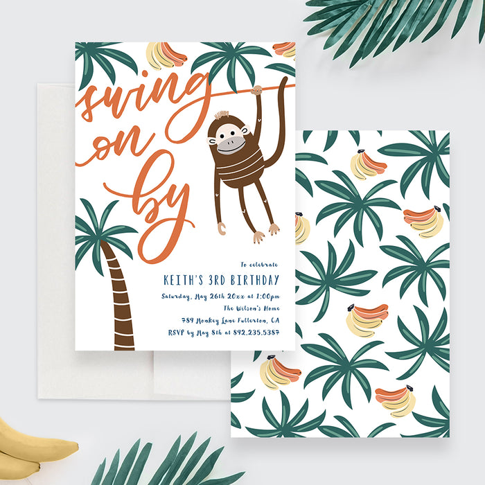 Monkey Birthday Party Invitation, Kids Birthday Invitations for Boys and Girls, Tropical Jungle Party Invites, Swing on By 1st 2nd 3rd 4th 5th 6th 7th Birthday Invites