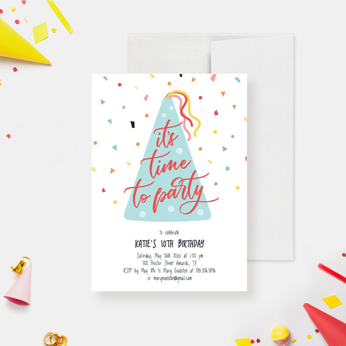 Party Hat Confetti Birthday Invitation Template, Custom Colorful Kids Birthday Printable Digital Download, It's Time to Party