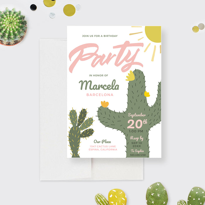 succulent birthday invitations Fun Cactus-Themed Birthday Party Invitation for Girls, Succulent Birthday Party Invites, Mexican Fiesta Birthday Invitation 225
