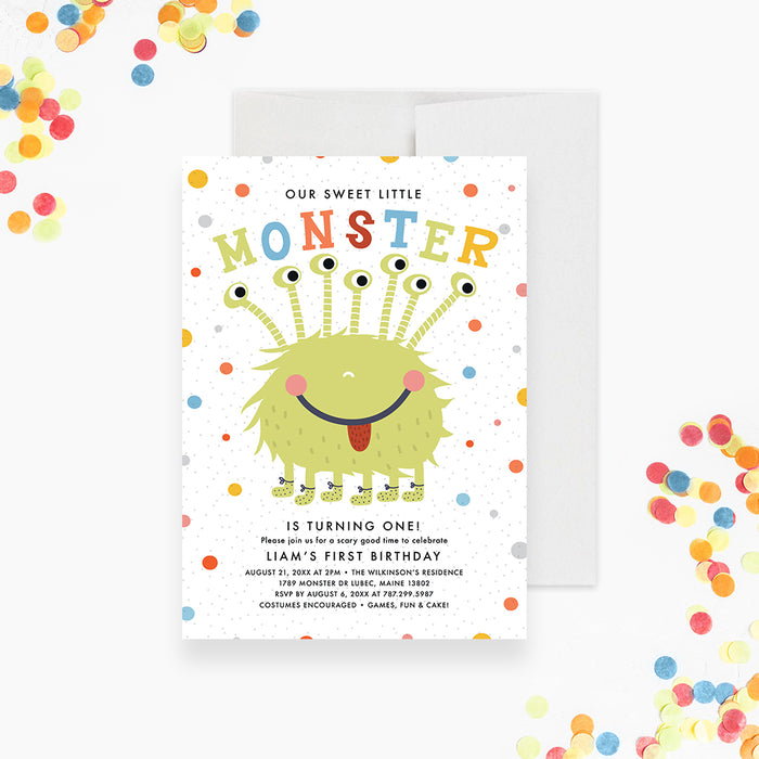 Sweet Little Monster Birthday Party Invitation, Cute Kids Birthday Invitations, Colorful Birthday Party Invites, 1st 2nd 3rd 4th 5th 6th 7th Birthday Invite Cards