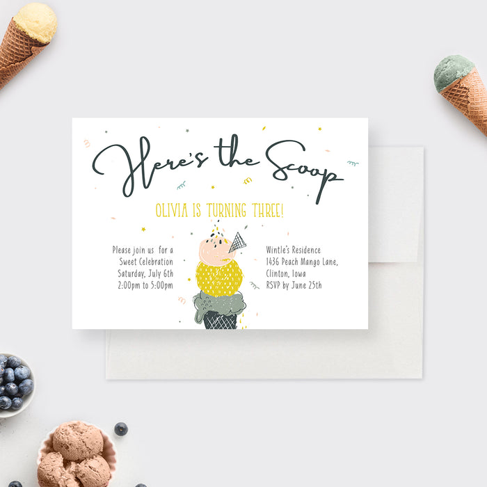 Ice Cream Kids Birthday Party Invitation, Dessert Birthday Invitations, Sweet One 1st 2nd 3rd 4th 5th 6th 7th Birthday Party Invites, Here’s the Scoop Birthday Invite Cards