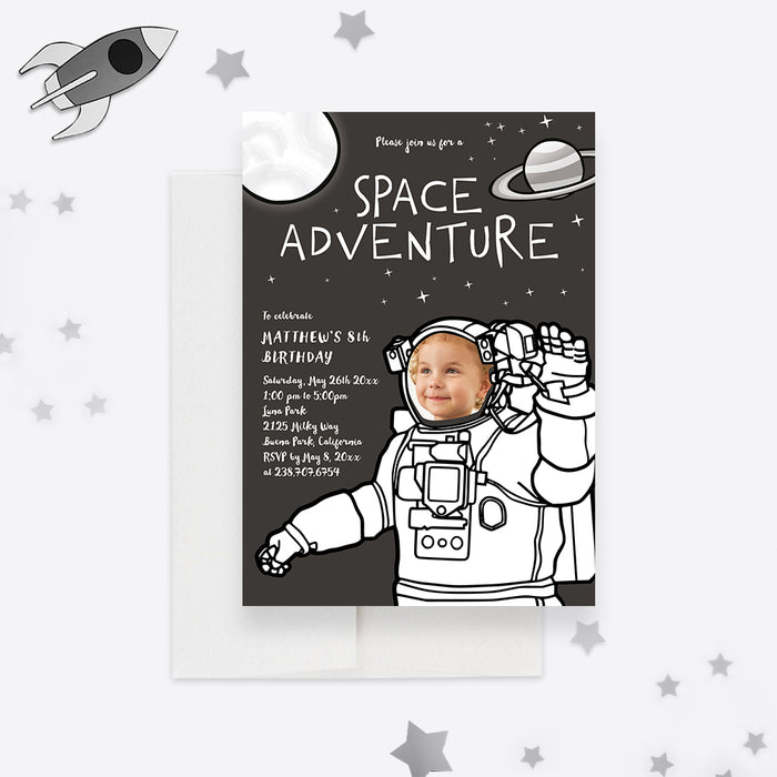 Space Adventure Birthday Party Invitation with Photo, Astronaut Kids Birthday Invitations for Boys and Girls, Outer Space Party Invites, 8th 9th 10th Birthday