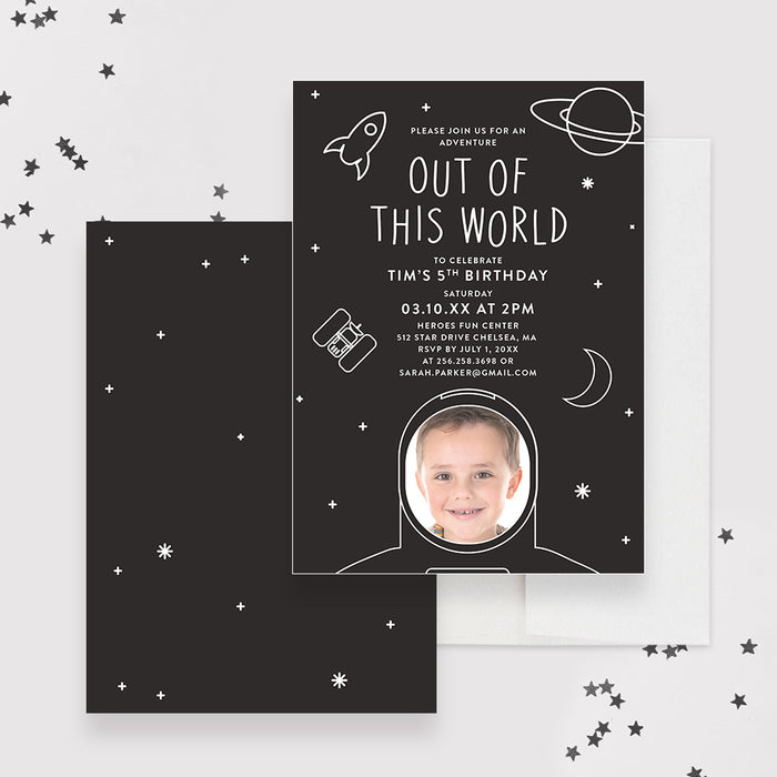 Out of this World Astronaut Birthday Party Invitation with Photo, Outer Space Theme Kids Birthday Invitations, Galaxy Birthday Invite Cards, Planet Birthday