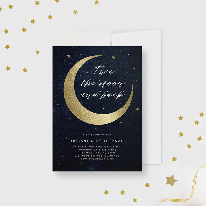 Two the Moon and Back Kids Birthday Party Invitation, 2nd Birthday Invitations for Boys and Girls, Moon and Stars Birthday Invites, Starry Night Invite Cards