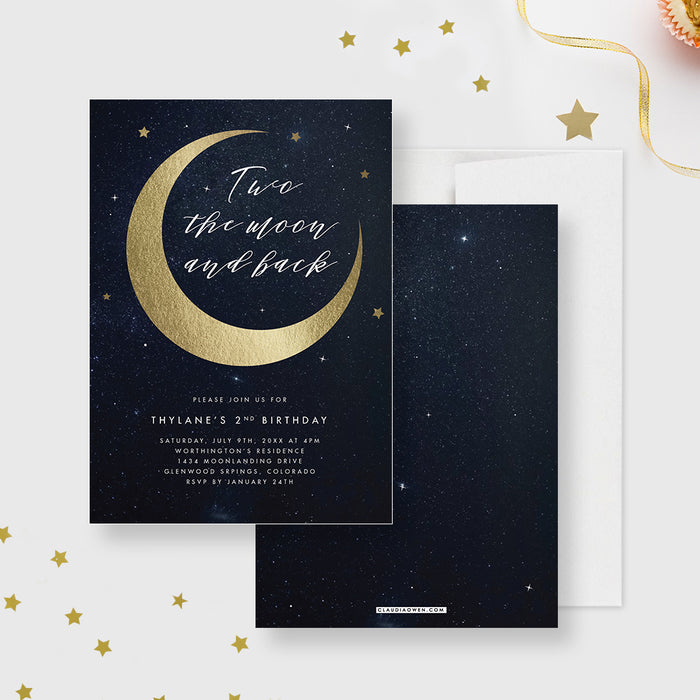 Two the Moon and Back Kids Birthday Party Invitation, 2nd Birthday Invitations for Boys and Girls, Moon and Stars Birthday Invites, Starry Night Invite Cards