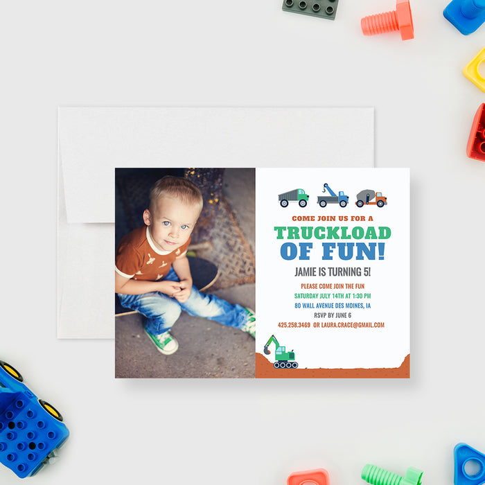 Truckload of Fun Truck Birthday Party Invitation, Boy Birthday Invitation with Photo, Tractor Birthday Invites for Kids, Construction Birthday Invitation Instant Download