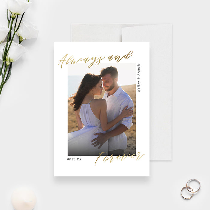 Romantic Wedding Save the Date with Photo, Modern Minimalist Birthday Photo Save the Date Card, Simple Save the Dates, Elegant White and Gold Save Our Date Cards