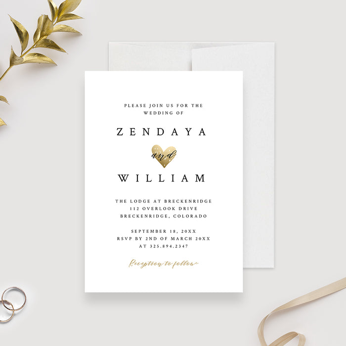 Elegant Wedding Invitation with Gold Heart, White and Gold Anniversary Party Invite, Modern Minimalist Engagement Party Invites, Personalized Rehearsal Dinner Cards