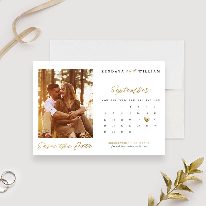 Calendar Wedding Save the Date with Photo, Elegant Photo Save the Date Card, White and Gold Birthday Save the Dates, Personalized Save Our Date Cards with Heart