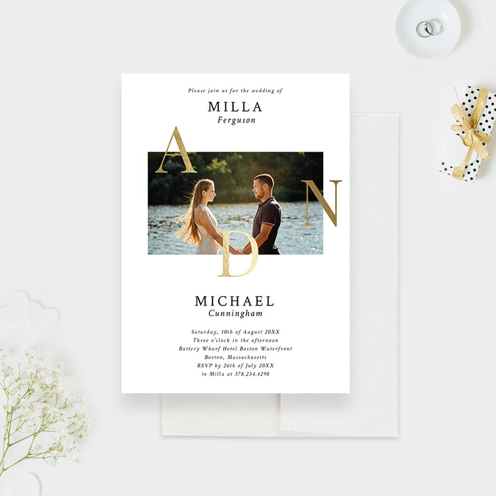 Modern Wedding Invitation with Photo, White and Gold Wedding Photo Invitation, Elegant Engagement Party Invites, Anniversary Party Invite Cards with Gold Typography