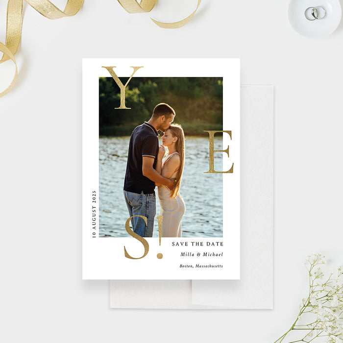 White and Gold Wedding Save the Date with Photo, She Said Yes Save the Date Cards, Elegant Save Our Date Cards with Gold Typography