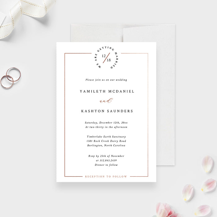Modern Chic Wedding Invitation, Minimalist Anniversary Party Invitations, Classic White and Copper Engagement Party Invites, Rehearsal Dinner Invite Card