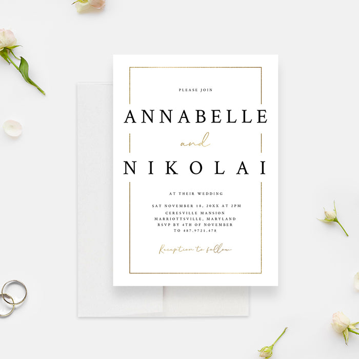 White and Gold Wedding Invitation, Elegant Anniversary Party Invite with Gold Border, Minimalist Engagement Party Invites, Personalized Modern Rehearsal Dinner Cards