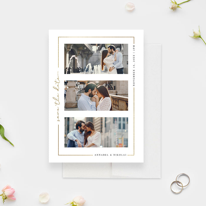 Wedding Save the Date with Photo Collage, White and Gold Photo Save the Date Card, Elegant Birthday Save the Dates, Custom Save Our Date Cards with Gold Border