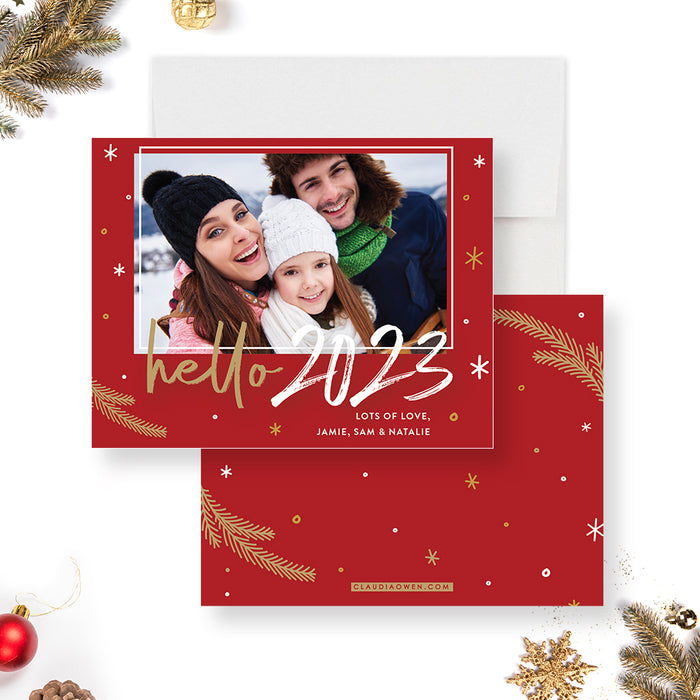 Hello 2023 Christmas Card with Photo, Family Holiday Photo Cards, Red White and Gold Seasons Greetings Card, Personalized Family Christmas Cards, Happy New Year
